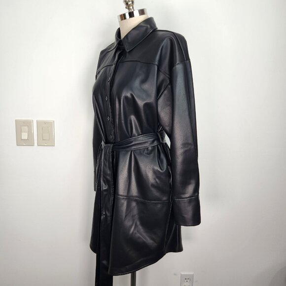 Eloquii Faux Leather Shirt Dress Plus Size 16 Short Black Button Up Belted Urban - Picture 2 of 11